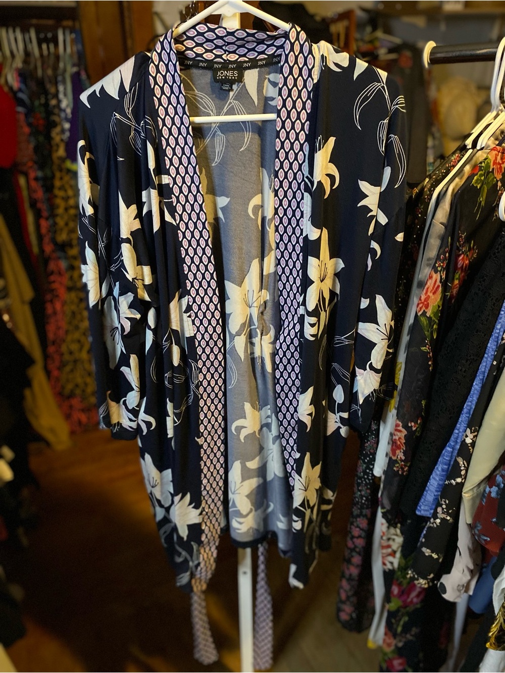 Jones New York Navy and Cream Floral Open Robe with waist tie - Patterned Trim